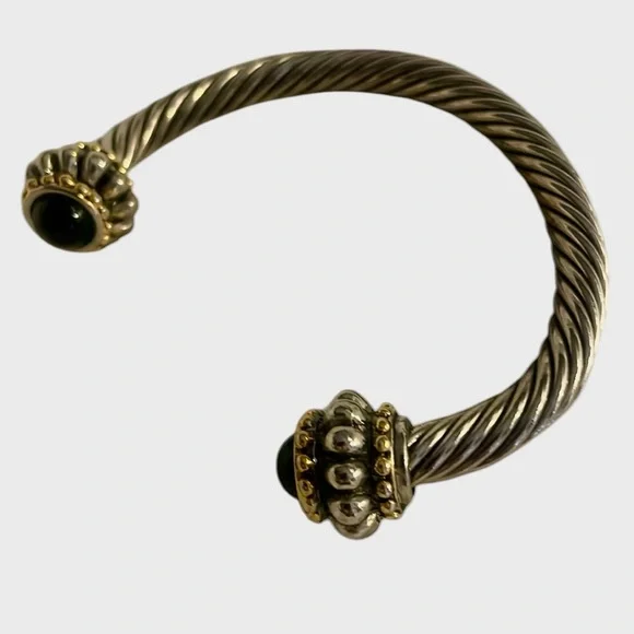 Cable Silver Bracelet Black Stone Gold Bead Tone Accent Adjustable Wrist Jewelry - Picture 3 of 10